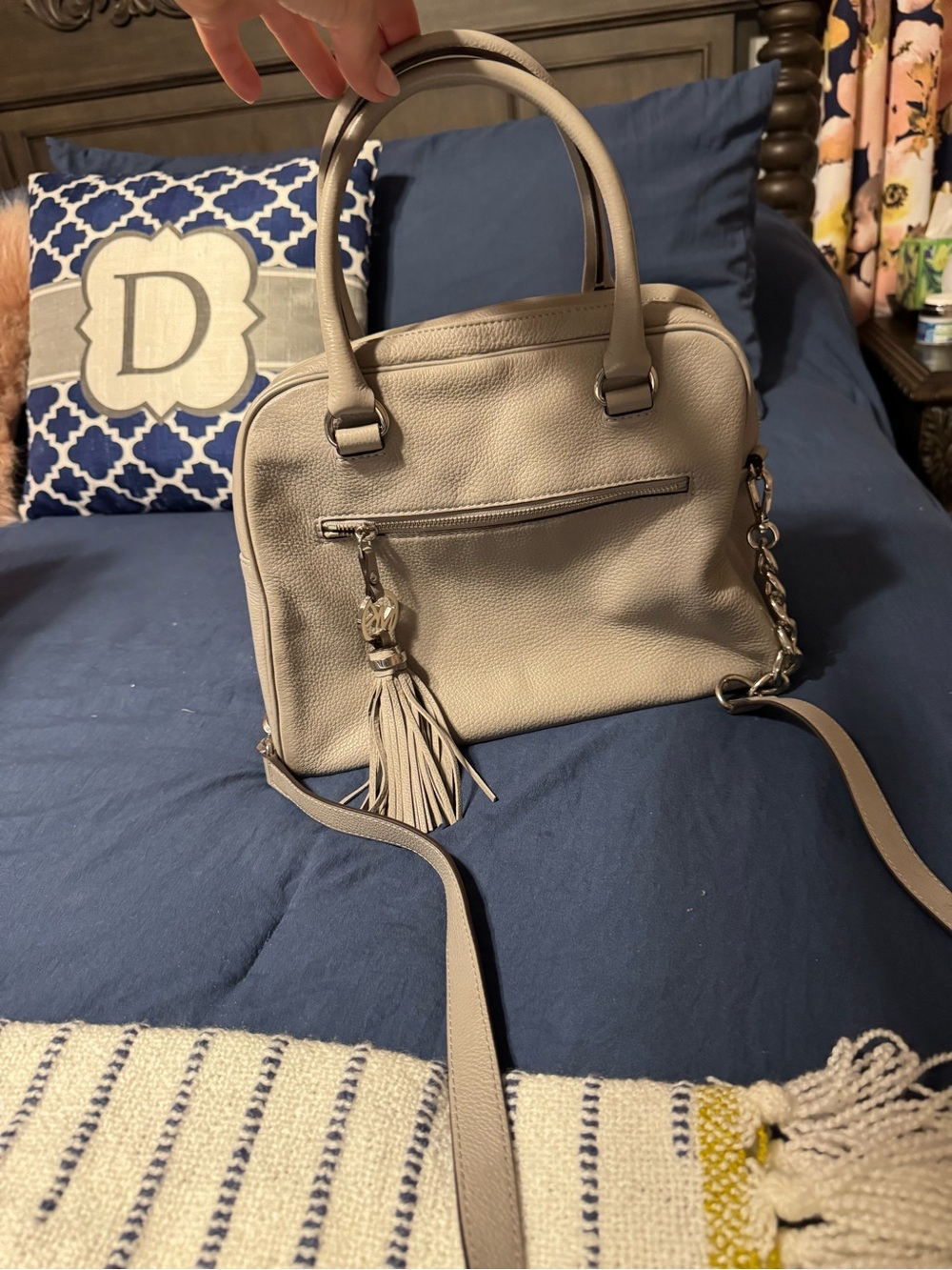 Gray Pebbled Leather Michael Kors Satchel with Tassel Detail